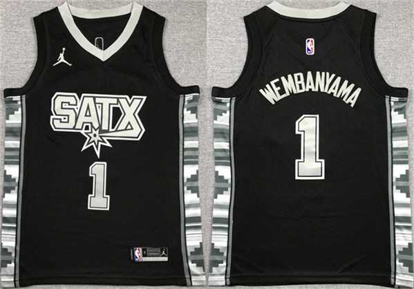 Mens San Antonio Spurs #1 Victor Wembanyama Black Statement Edition Stitched Jersey